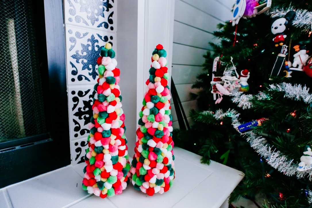 Christmas mantel holiday decor pom pom trees multi colored stockings DIY